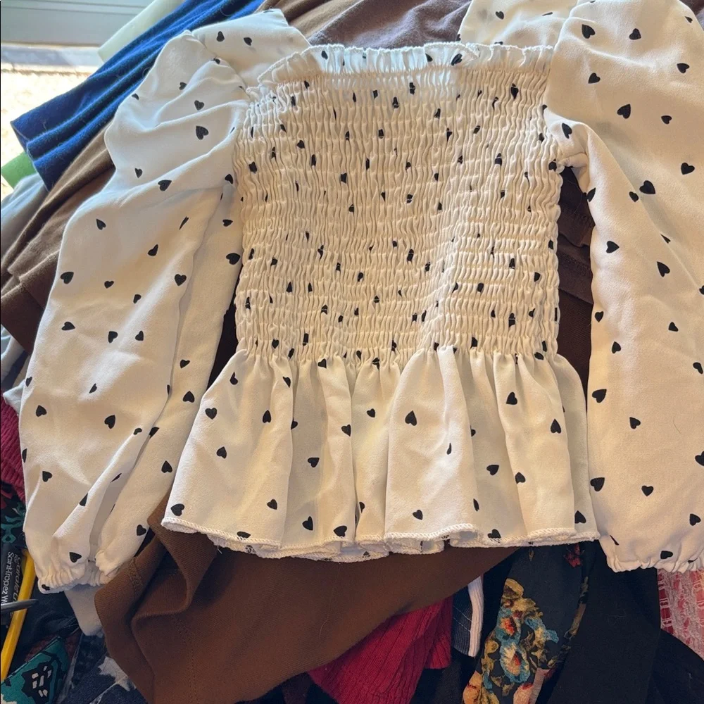 Girls White Smocked Top with Black Heart Print 110/5
